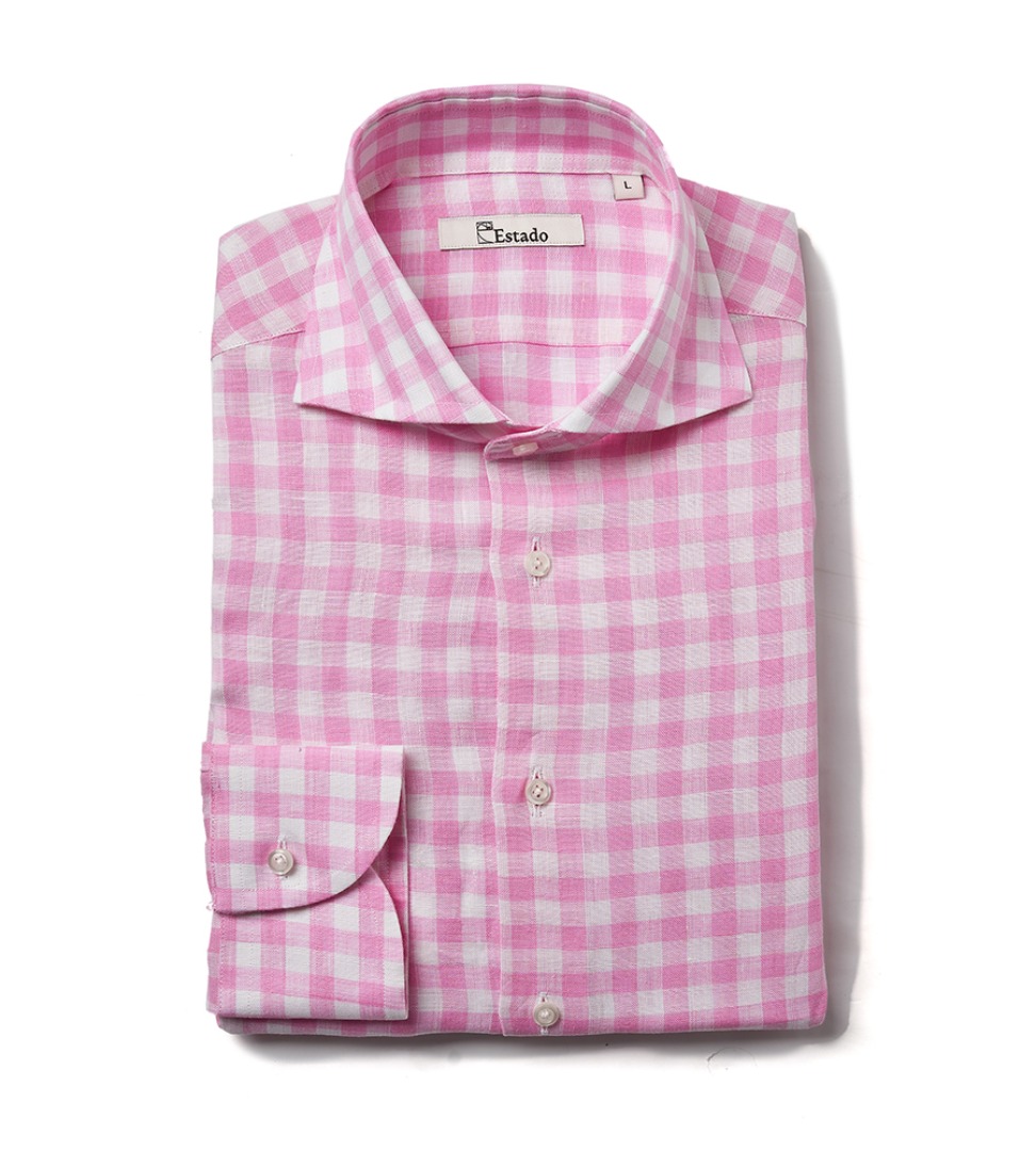 (30% SALE) Linen shirts - Wide collar (pink gingham check)