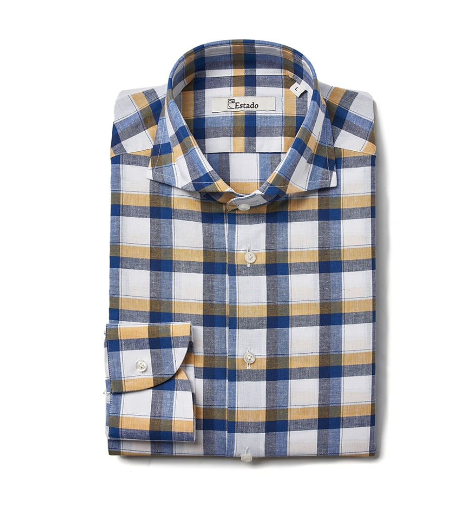 (30% SALE) Linen shirts - Wide collar (blue/yellow tartan check)