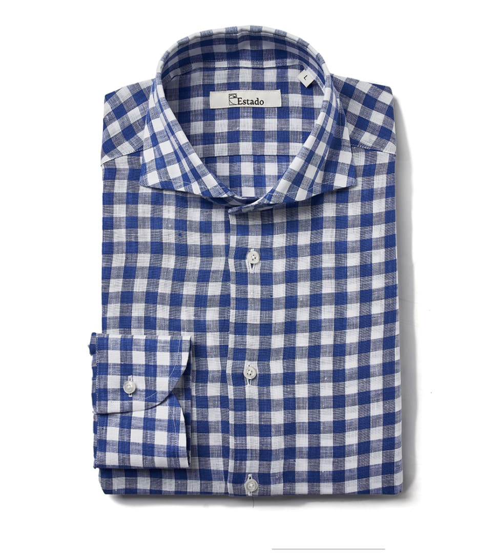 (30% SALE) Linen shirts - Wide collar (blue gingham check)