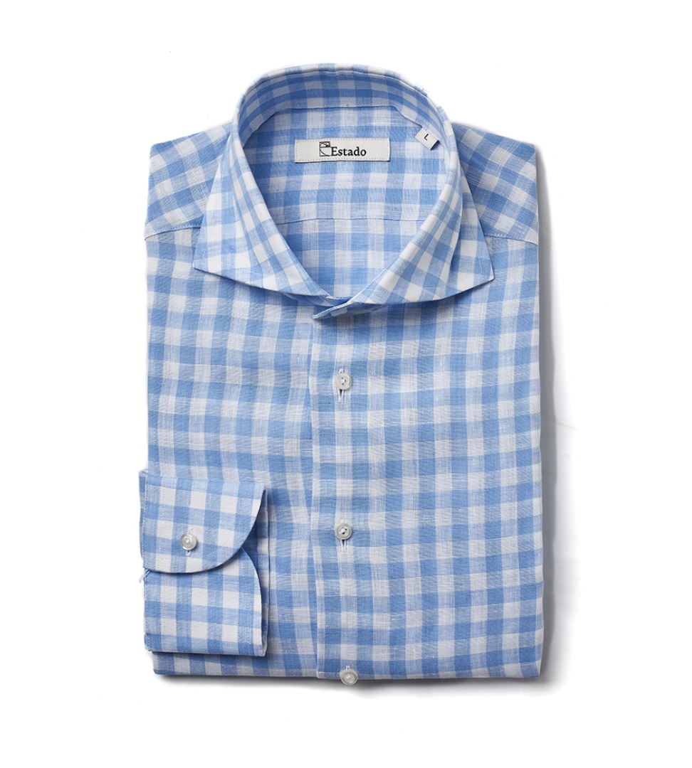 (30% SALE) Linen shirts - Wide collar (skyblue gingham check)